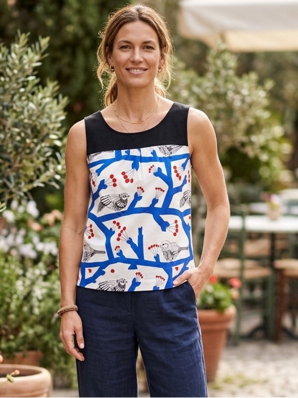 MARIMEKKO for ANTHROPOLOGIE Birds Berries Print Tank Top in White